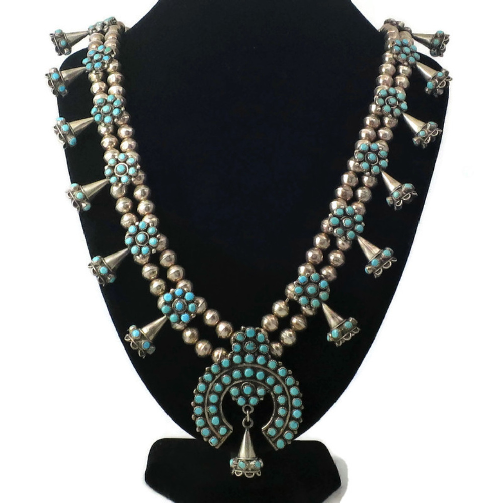 Turquoise and Sterling Squash Blossom Necklace